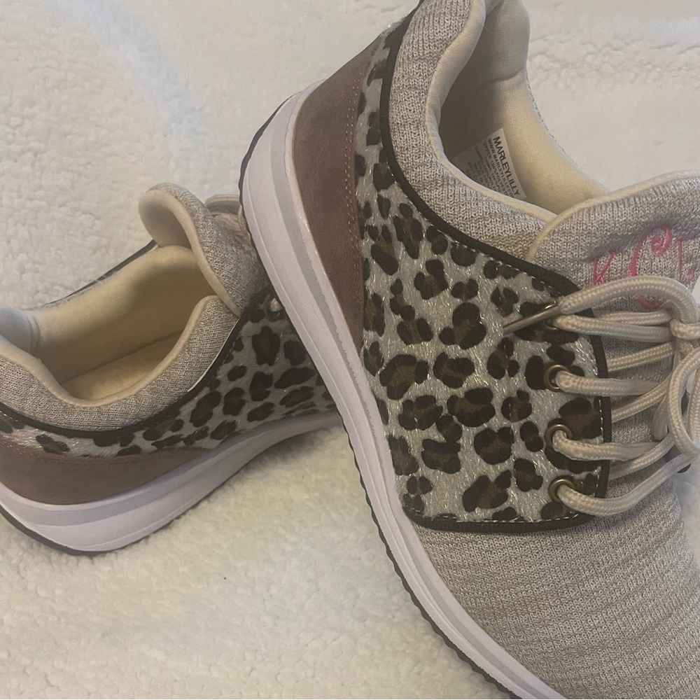 Leopard print tennis shoes. Have KCE monogrammed removable tongue. See photos